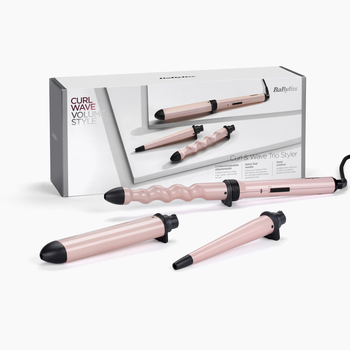 BaByliss Curl & Wave Trio Styler, 3 attachments (oval barrel, conical barrel, twisted barrel) and packaging
